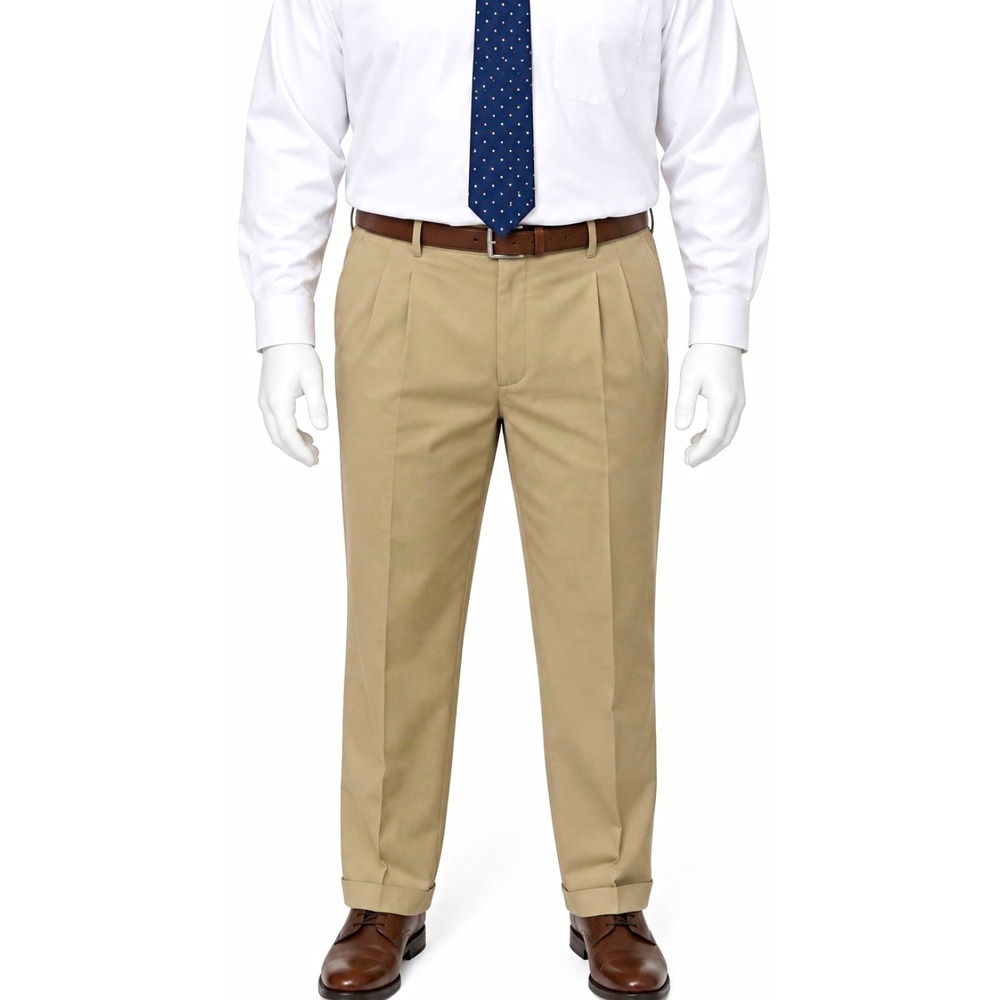 IZOD LACOSTE Men's NEW Beige Twill Khaki Pants 42 X 32 Pleated Cuffed Classic